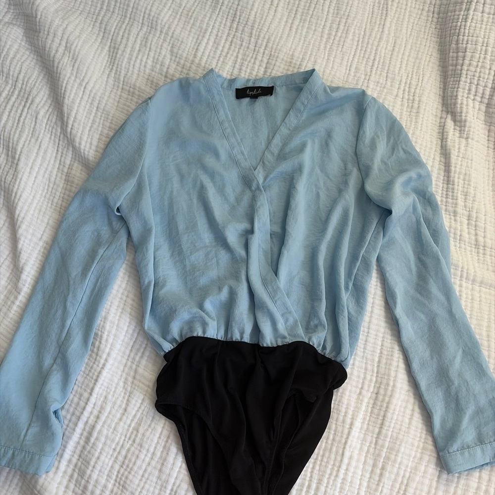 Light Blue Wrap Front Long-Sleeve Bodysuit by Express